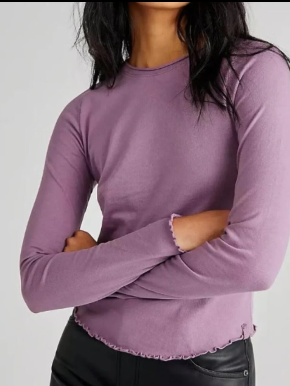 FREE PEOPLE LILAC SCALLOP LETTUCE EDGE BE MY BABY TEE TOP L/S S